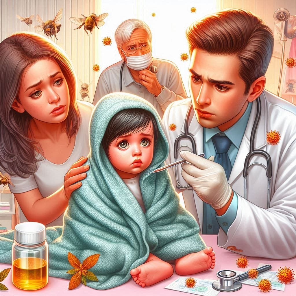 ateşi yükselmiş bir bebek ve endişeli ailesi. doktor bebeği muayene ediyor.